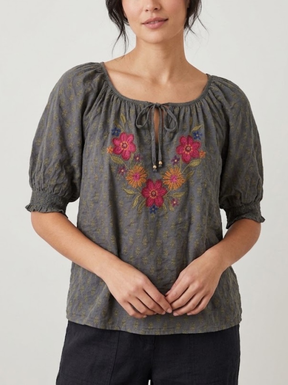 Natural Life Embroidered Floral Top Cotton Size Medium Pink Gray Boho